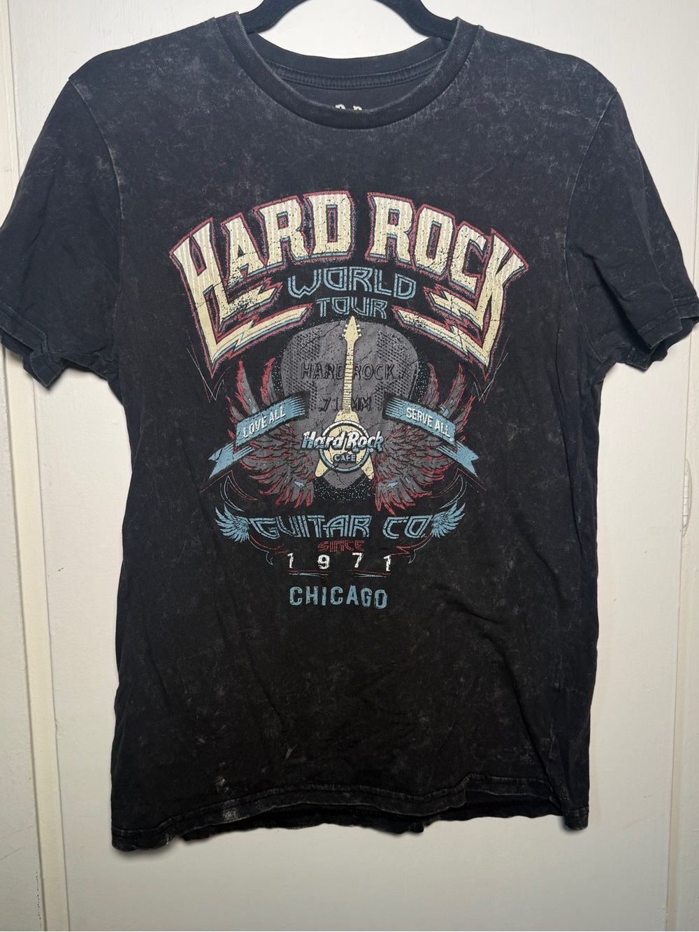 Hard Rock Cafe World Tour Black Graphic Tee with Red and Blue Accents Women's S